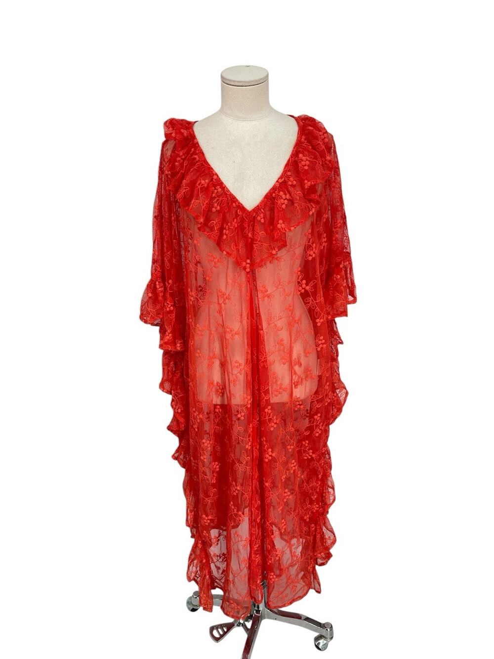 NWT Free People Romantic Sheer Bloom Kaftan Floral Lace Duster Cover Up Red M/L